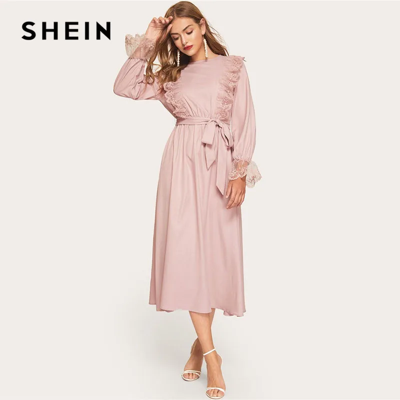 SHEIN Платье С Поясом И Оборкой Женское Кружевное Весеннее Розовое Элегантное Платье С Длинными Рукавами И Круглым Вырезом