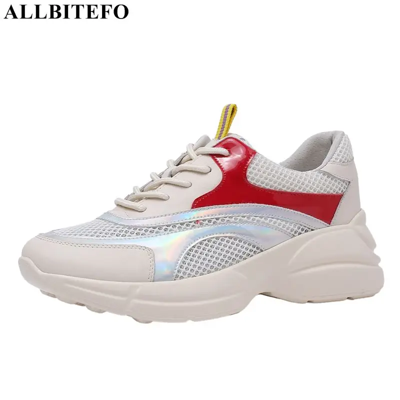 

ALLBITEFO fashion casual genuine leather+net women shoes high quality flat heel shoes women flats sneakers shoes sports shoes
