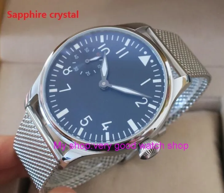 

Butterfly buckle Sapphire crystal 44mm PARNIS Black dial 6497 Mechanical Hand Wind gooseneck movement men's watch xRNM16A