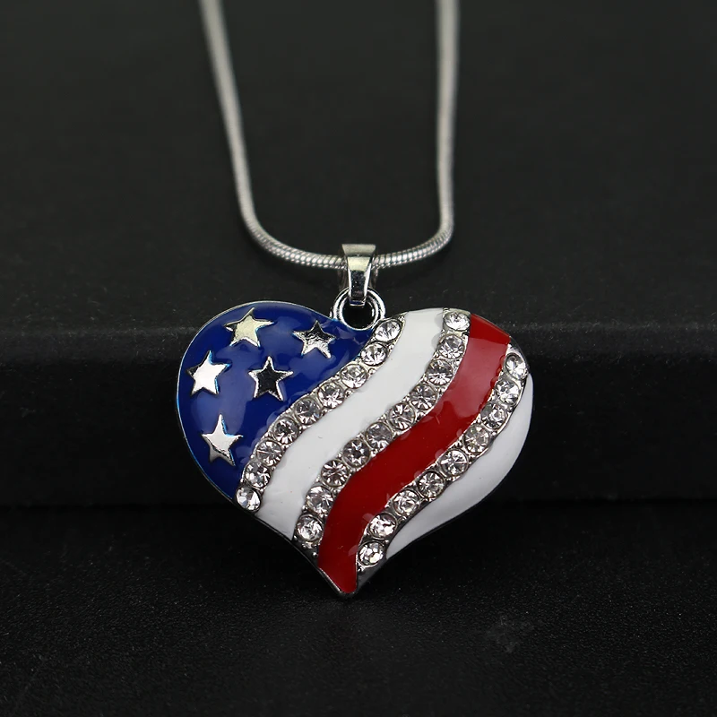 Ожерелье с подвеской патриот эмалью и американским флагом США|rhinestone heart|4th of