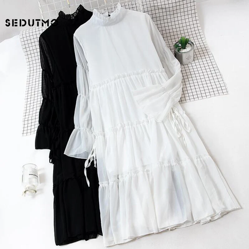 

SEDUTMO Summer Chiffon Dress Women Vintage Sexy Basic Dresses Long Sleeve Turtleneck Slim Beach Party Dress ED650