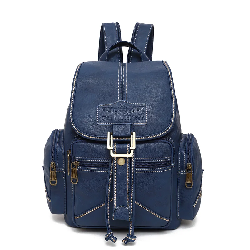 Водонепроницаемый рюкзак из искусственной кожи, женский рюкзак на шнурке, рюкзак для колледжа, студентов, школы, рюкзаки в винтажном стиле, Женская Ретро сумка для книг - Цвет: Синий