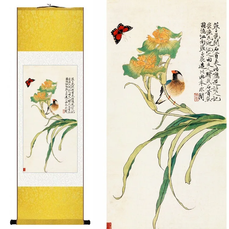 

Traditional Chinese Silk watercolor flower and bird Butterfly Orchids ink art canvas wall picture damask framed scroll painting