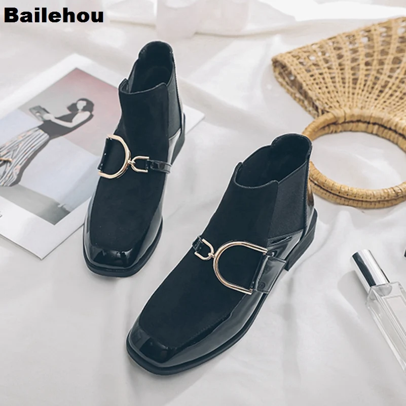 

Bailehou Women Ankle Boots Female Casual Warm Snow Boots Metal Decoration Ladies Short Winter Boots Slip On Low Heel Women Shoes