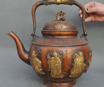 

Marked Old Chinese Bronze Gilt 8 Immortals God Statue Teapot Water bottle kettle