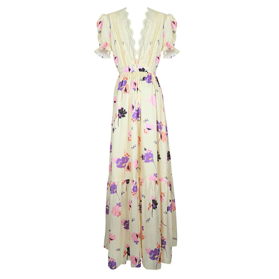 

VERDEJULIAY Runway Dresses Designer High quality 2019 Summer Lace Patchwork V-Neck Sexy Floral Print Elegant Party dress