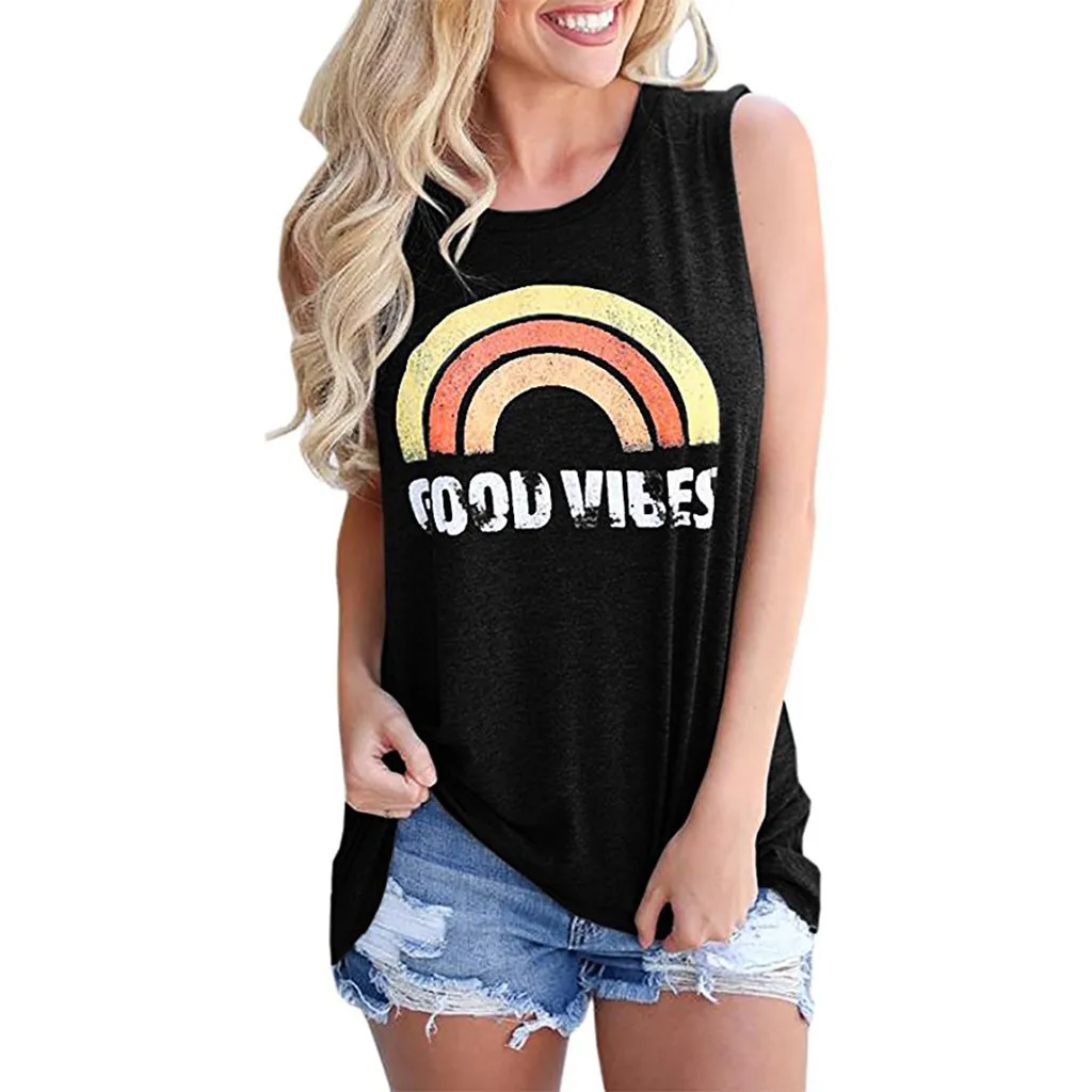 

Stylish Bar Women T-Shirt Summer Sleeveless Tops Tee GOOD VIBES Rainbow Print O-Neck Shirt Female Harajuku T Shirt Ladies Tops #