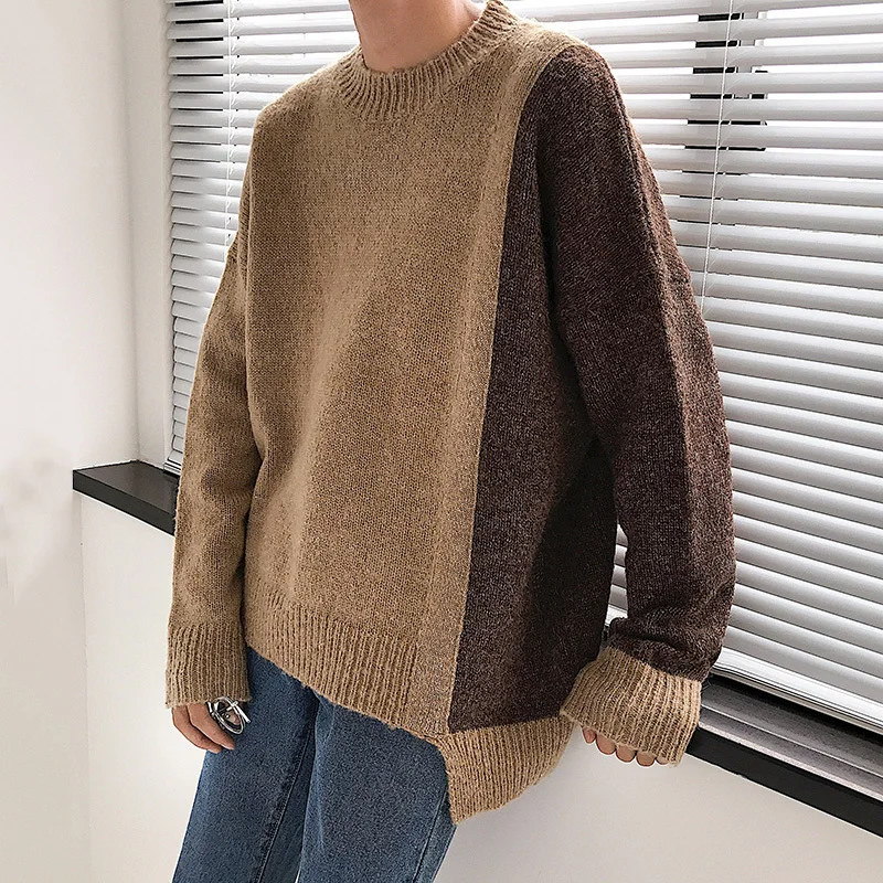 

Fashion Casual Men's Sweater Spring And Autumn New M-2XL Contrast Color Asymmetrical Loose Pullover Personality Youth Popular