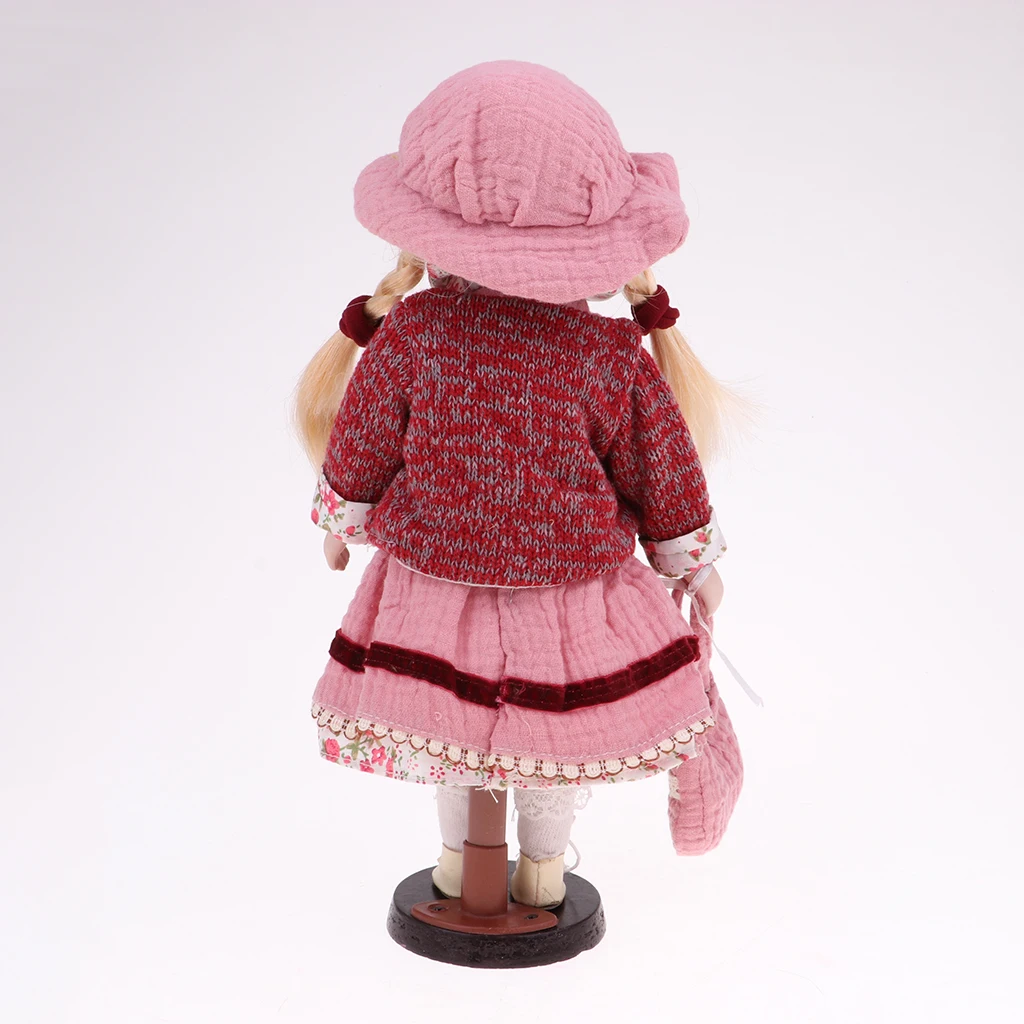 2Pcs 30cm Victorian Porcelain Doll with Dress Set & Wooden Stand Home Display Decoration