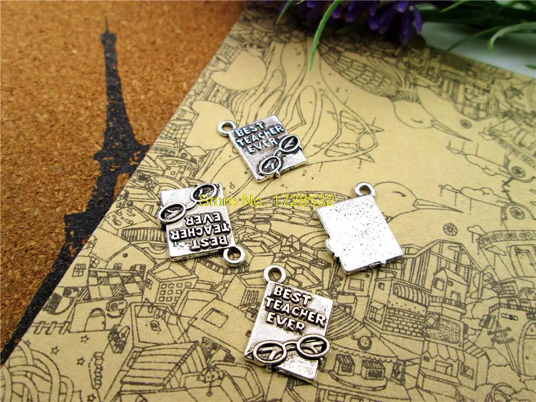 

15pcs best teacher ever book Charms Antiqued Silver Tone book charm pendants 18x13mm