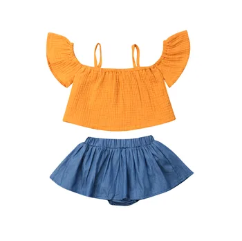 

2019 Kids Baby Girl Sets 2Pcs Off Shoulder Strap Crop Tops+Mini Skirts Shorts Summer Newborn Clothing Girl Outfits 0-3Y W3