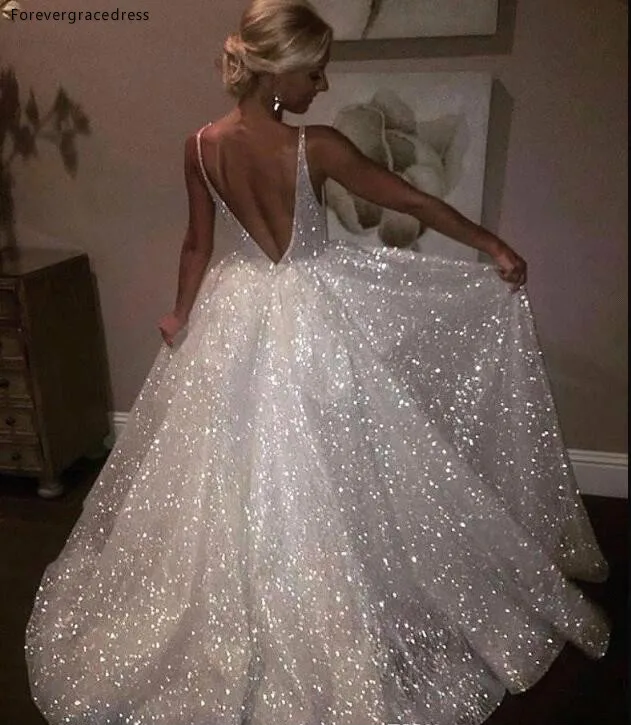 Sparkle Sequined White Long Evening Dresses 2019 Deep V Neck Sexy Low Back Long Evening Gowns Cheap Pageant Prom Gowns BA7466 138 (2)