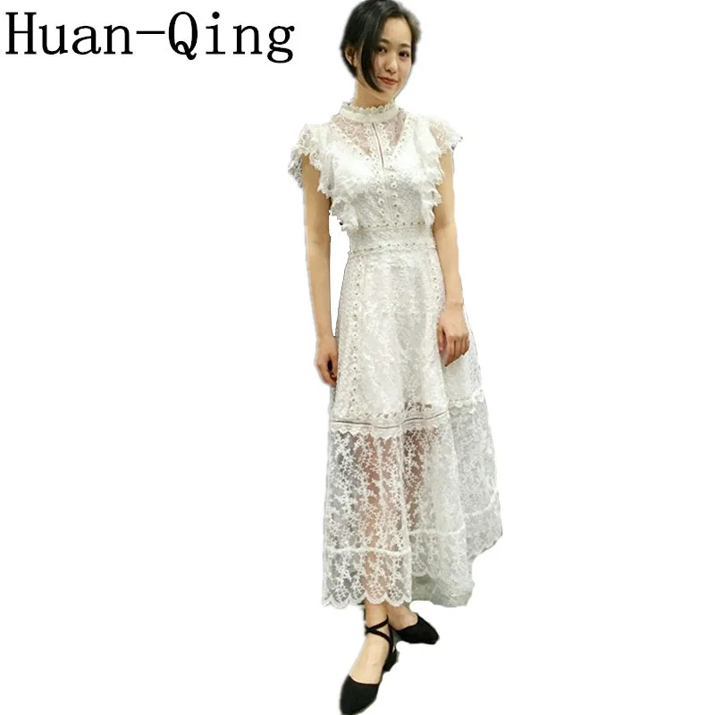 

Women High Quality Sexy Lace Crochet Ruffles White Long Dress Summer Ladies Sleeveless Hollow Out Party Dresses Vestido De Festa