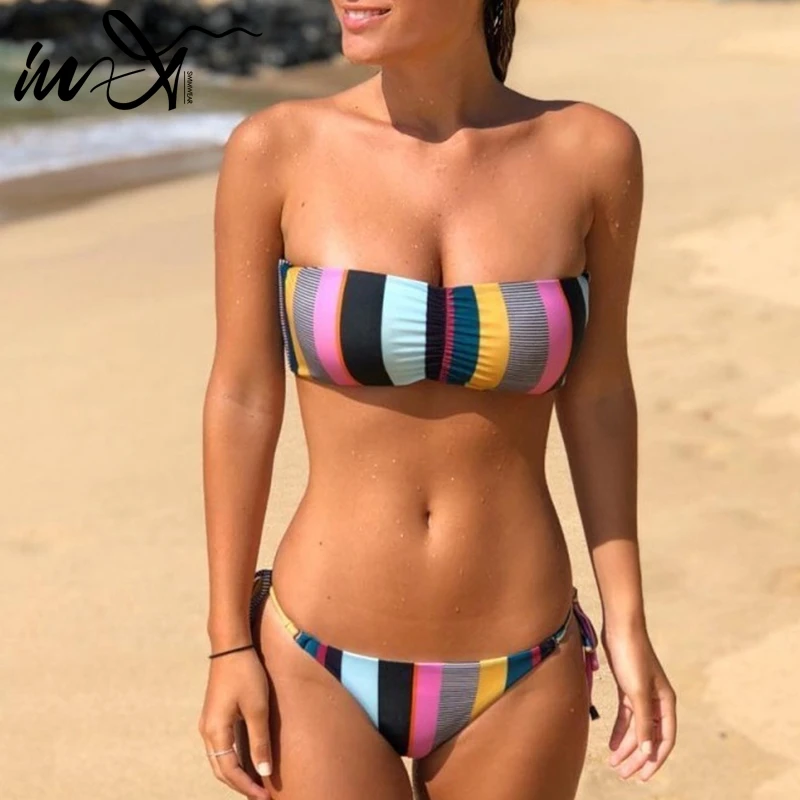 

In-X Bandeau bikini 2019 Striped swimsuit strapless Push up swimwear women Tie side bathing suit Sexy micro two-piece suit new