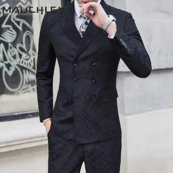

3 Pieces Wedding Suits for Men Latest Design Mens Suit Vest Pants Black Floral Double Breasted Terno Masculino Mauchley 2018 New