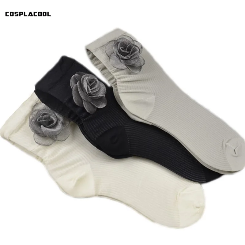 [COSPLACOOL]Fashion Brand Europe Hand-made Flowers Shining Silver Lace Heap Heap Socks Women/Students Socks Meias Calcetines