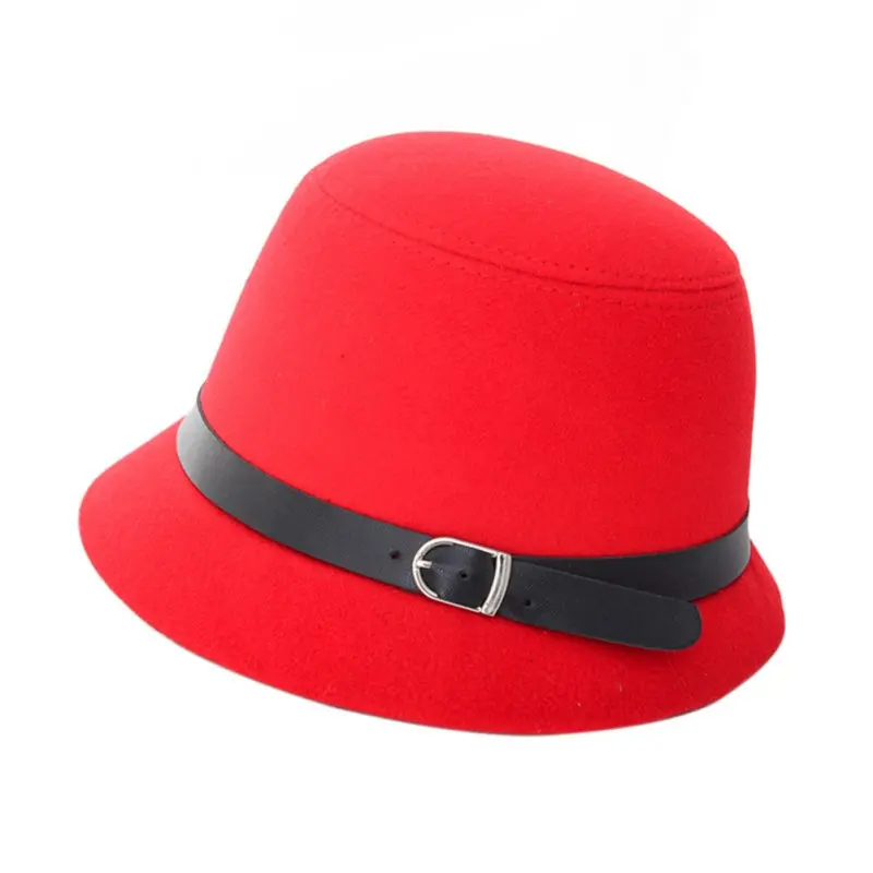 Новая Винтажная Женская широкая лента с широкими полями, теплая шерстяная фетровая шляпа, шляпка с узкими полями - Цвет: Красный