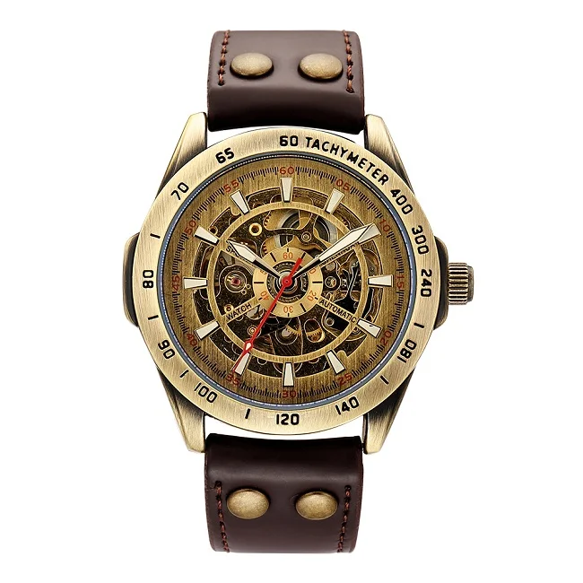 Мужские Shenhua бренд класса люкс Бронзовый Скелетон механические наручные часы Нержавеющая сталь самозаводящиеся автоматические часы Relogio Masculino - Цвет: Коричневый