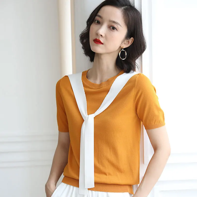 

Women Sweater Pullover thin Tie Tops patchwork o Neck Essential Jumper Office Sweaters summer 2019 Korean Sweaters AA040S50