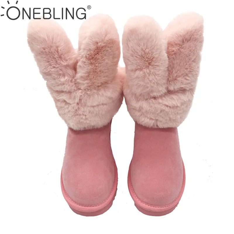 

ONE BLING New Winter Women Snow Shoes Slip-On Solid Flats Ankle Boots Long Warm Rabbit Ear Size 35-40 Winter Thick Boots