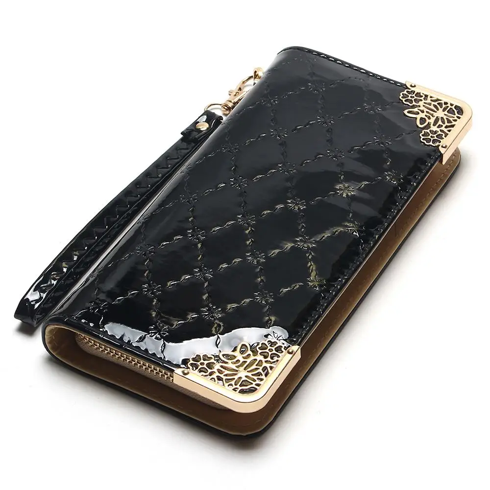 2018 Luxury Vintage Brand Women Long Patent Leather Plaid Wallet Female