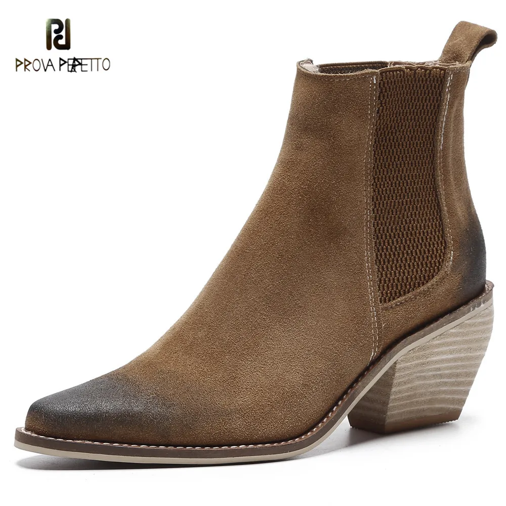 

Prova Perfetto Brand Design Cow Leather Autumn Winter Women Boots Handmade Pointed Toe Chelsea Boots Vintage Motorcycle Boots