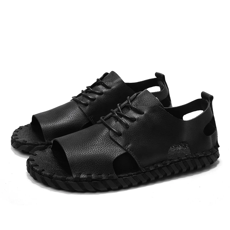 Retro Men Peep toe Sandals Fashion Man Lace Up Hollow Out Casual Summer Beach Shoes Nonslip