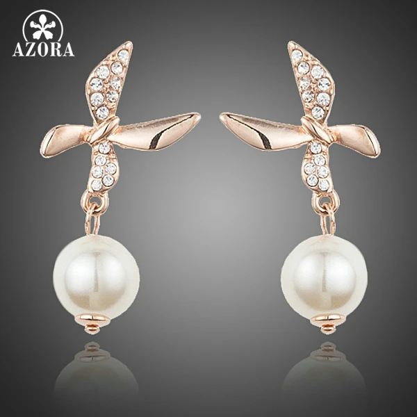 

AZORA Rose Gold Color Stellux Austrian Crystal Dancing Butterfly With Artifical Pearl Drop Earrings for Women TE0207