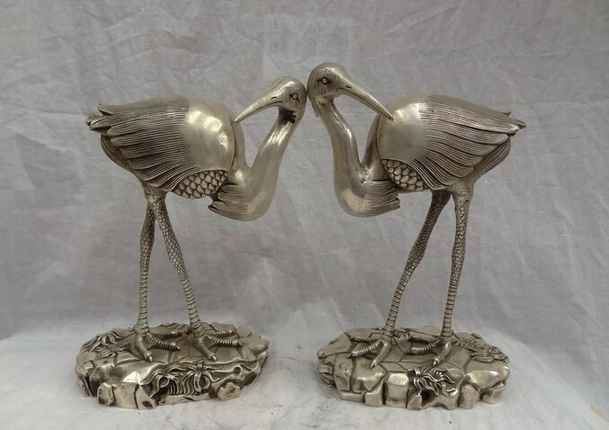 

wholesale factory 12" Folk Chinese Silver Decoration FengShui Longevity Bird Fly Crane Statue Pair