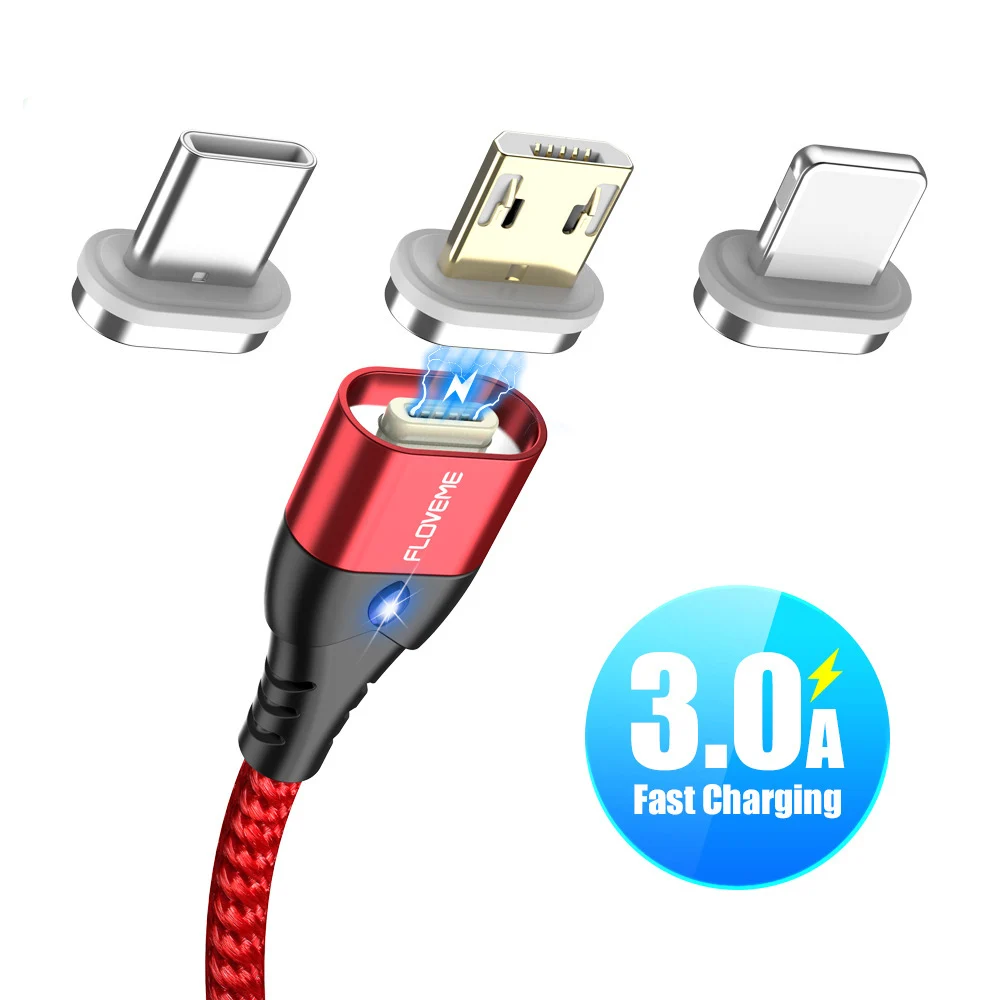 FLOVEME быстрое зарядное устройство с магнитом USB кабель для iPhone Micro usb type C кабель 3A Магнитный USB светодиодный провод для samsung Xiaomi