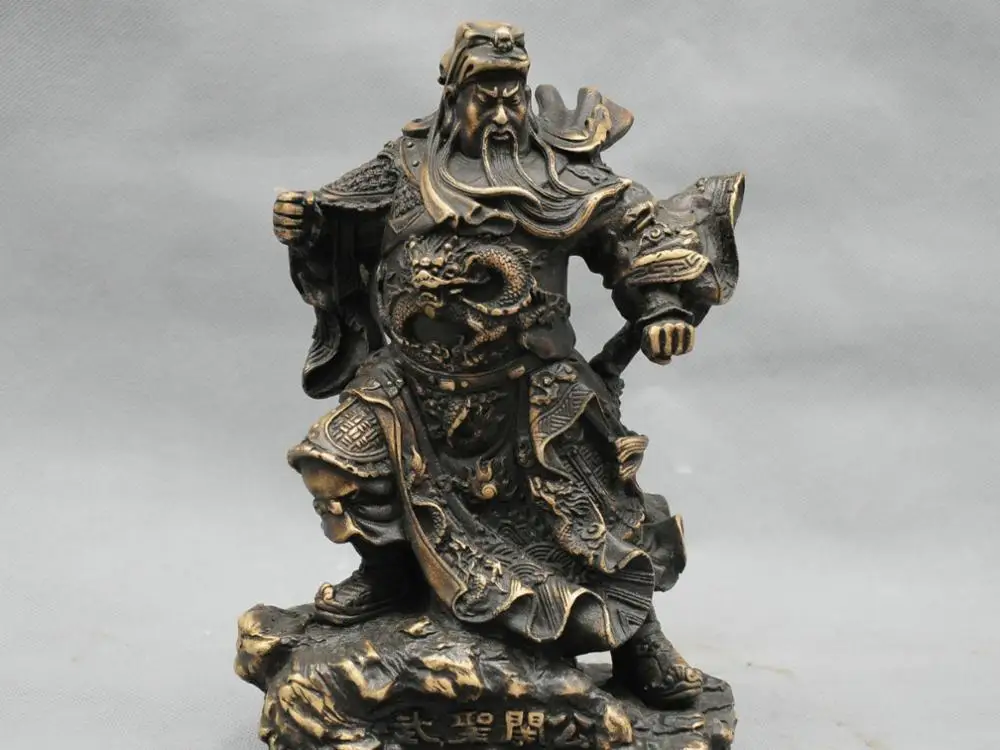 

9" China Warrior Soldier Guangong Guan Yu Sword Dragon Bronze Statue