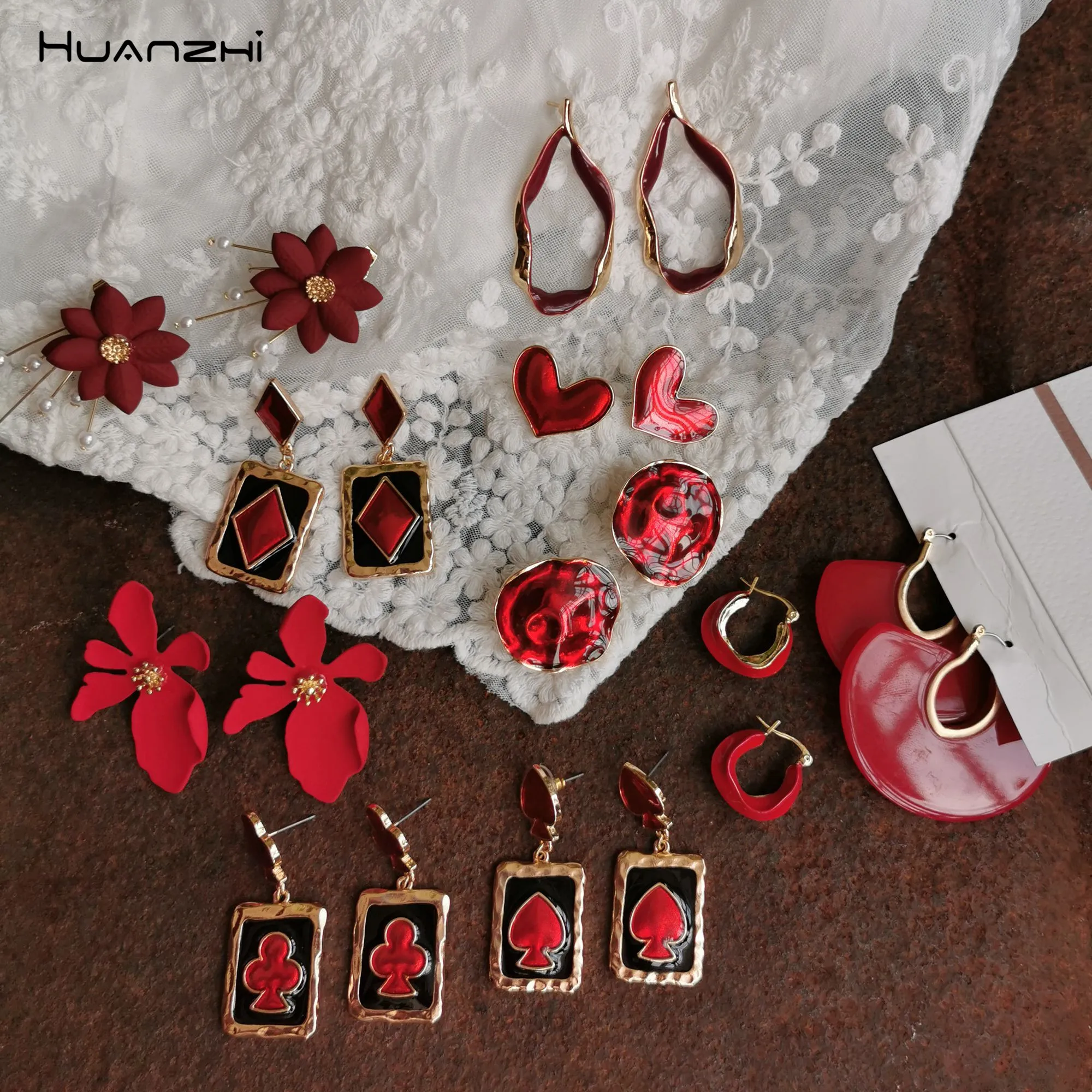 

HUANZHI Red Color Flower Heart Exaggeration Enamel Geometric Irregular Design Personality Chic Drop Earrings For Women Jewelry
