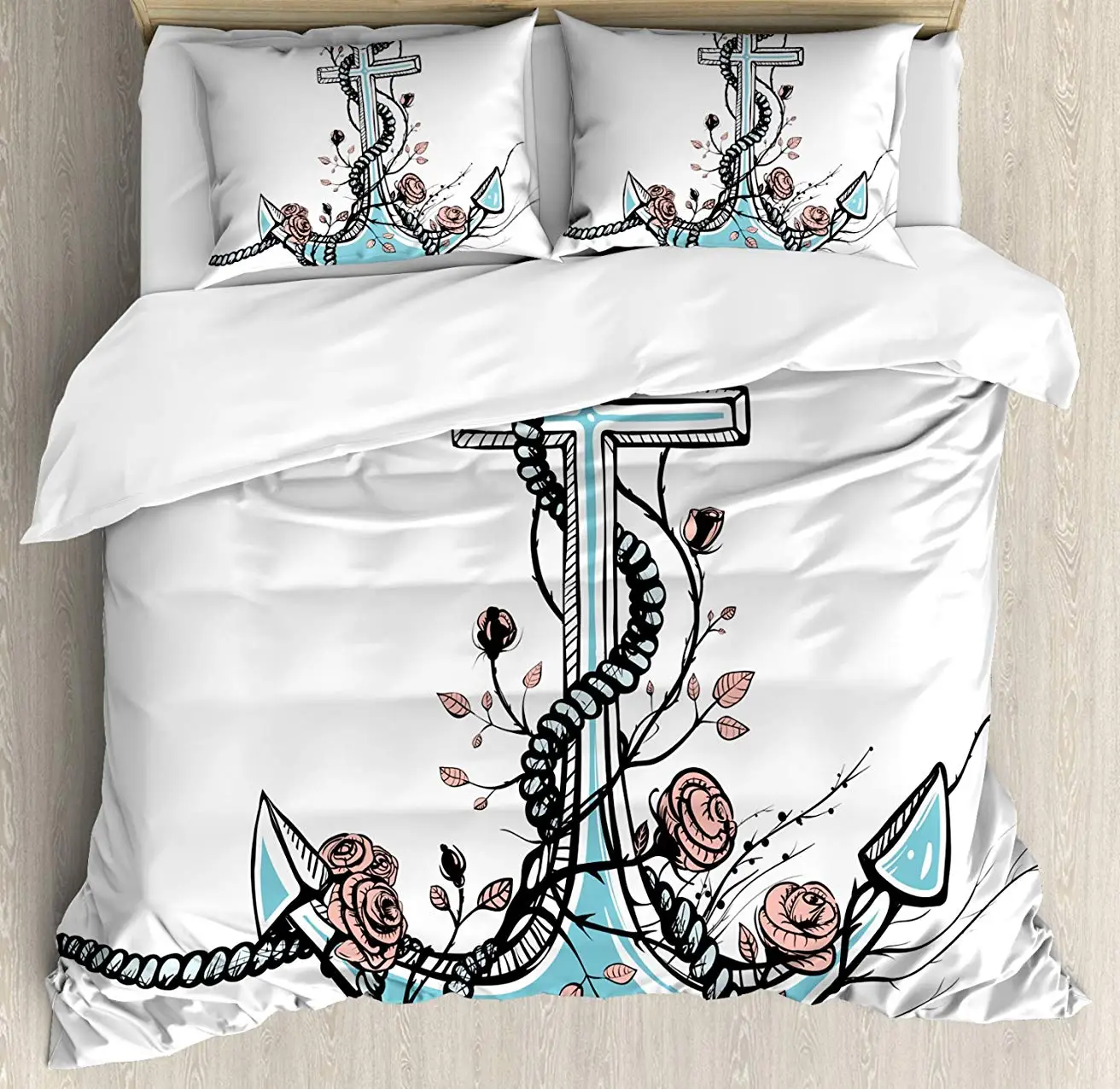 

Anchor Duvet Cover Set Romantic Boho Design Sketch of an Old Anchor with Roses Black Ink Style, Decorative 3 Piece Bedding Set