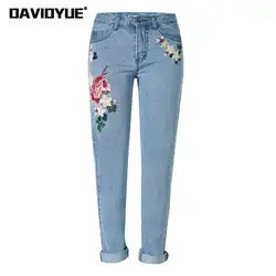 2017 Vintage цветок вышитые высокой талией джинсы женщина синий карандаш тонкий тощий дизайнерские джинсы женские джинсовые брюки плюс размер