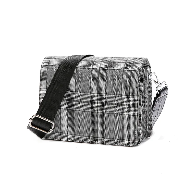 

Women Retro Simple Canvas Design Shoulder Bag Girls Korean Wide Crossbody Strap Grid Bag Female Elegant Small Flap Messenger Bag