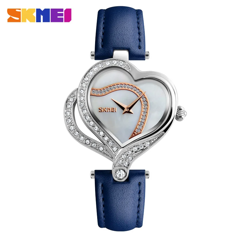 SKMEI специальные креативные женские модные часы с сердцем водонепроницаемые Стразы кварцевые часы люксовый бренд женские наручные часы - Цвет: Синий