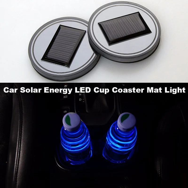 

NEW 2pcs Solar Cup Holder Bottom Pad with LED Light Cover Trim Atmosphere Lamp Universal Car Anti Slip Waterproof Mat