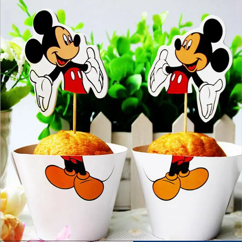 24pcs Cartoon Mickey Mouse Cupcake Wrappers And Toppers Pick Baby 