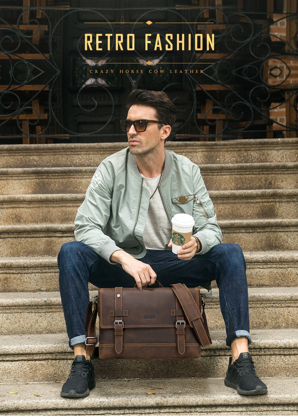 a guy sitting on the stairs holding a take away coffee and a genuine leather briefcase