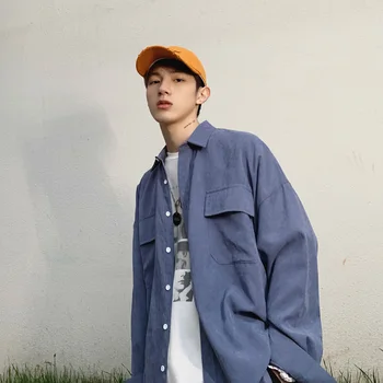 

2019 Summer Korea Style Oversize Thin 3 Colors Fashion Streetwear Long Sleeve Solid Men Shirt