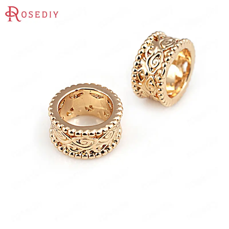 

6PCS 5*9MM 24K Champagne Gold Color Plated Brass Hollow Pattern Large Hole Beads Bracelet Beads High Quality Jewelry Accessories