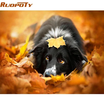 

RUOPOTY diy frame Maple Leaves Dog DIY Painting By Numbers Animals Calligraphy Painting Modern Wall Art Canvas For Home Decors