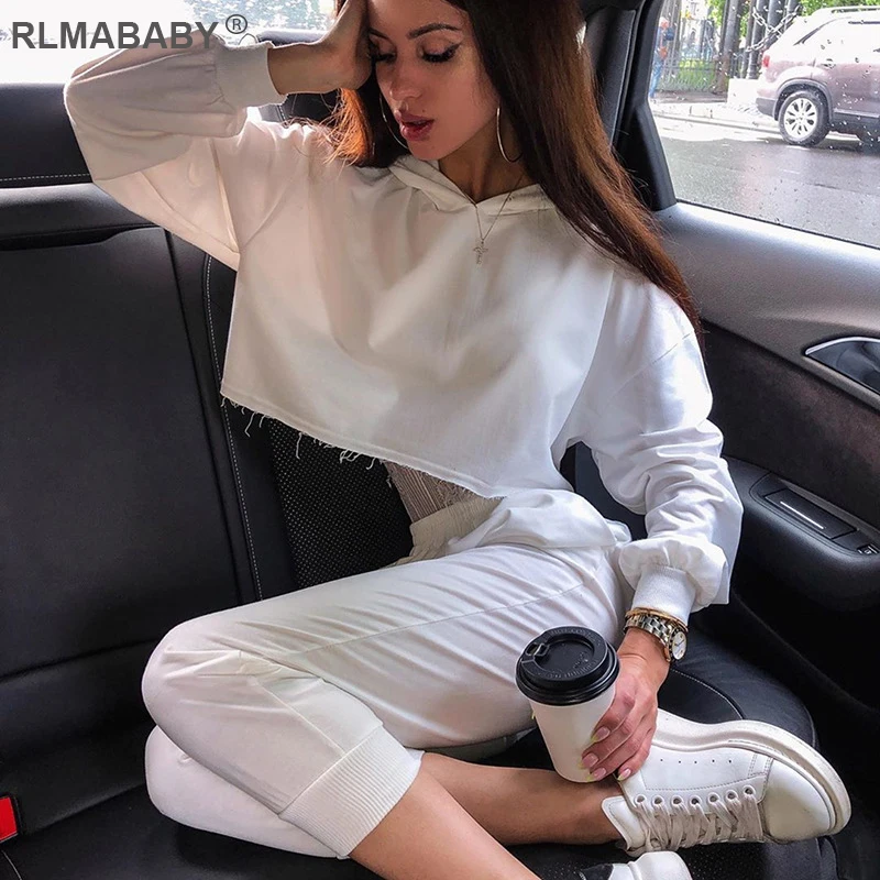 

RLMABABY Autumn Winter White Hooded High Waist Pants Set Long Sleeve 2 Piece Set Women Casual Pockets Streetwear Tracksuit Suit