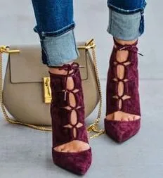

Women sexy wine red suede leather pointed toe high heel pumps lace up cut-outs romantic wedding party shoes dropship