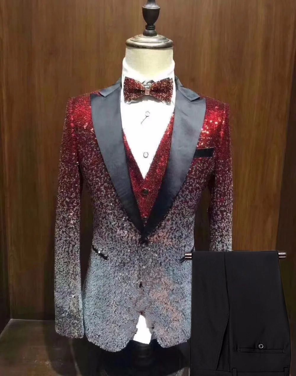 3 Pieces Shiny Sequin Mens Suit Slim Fit One Button Peak Notch Lapel Tuxedo For Party Wedding Banquet Nightclub Blazer+Vest+Pant