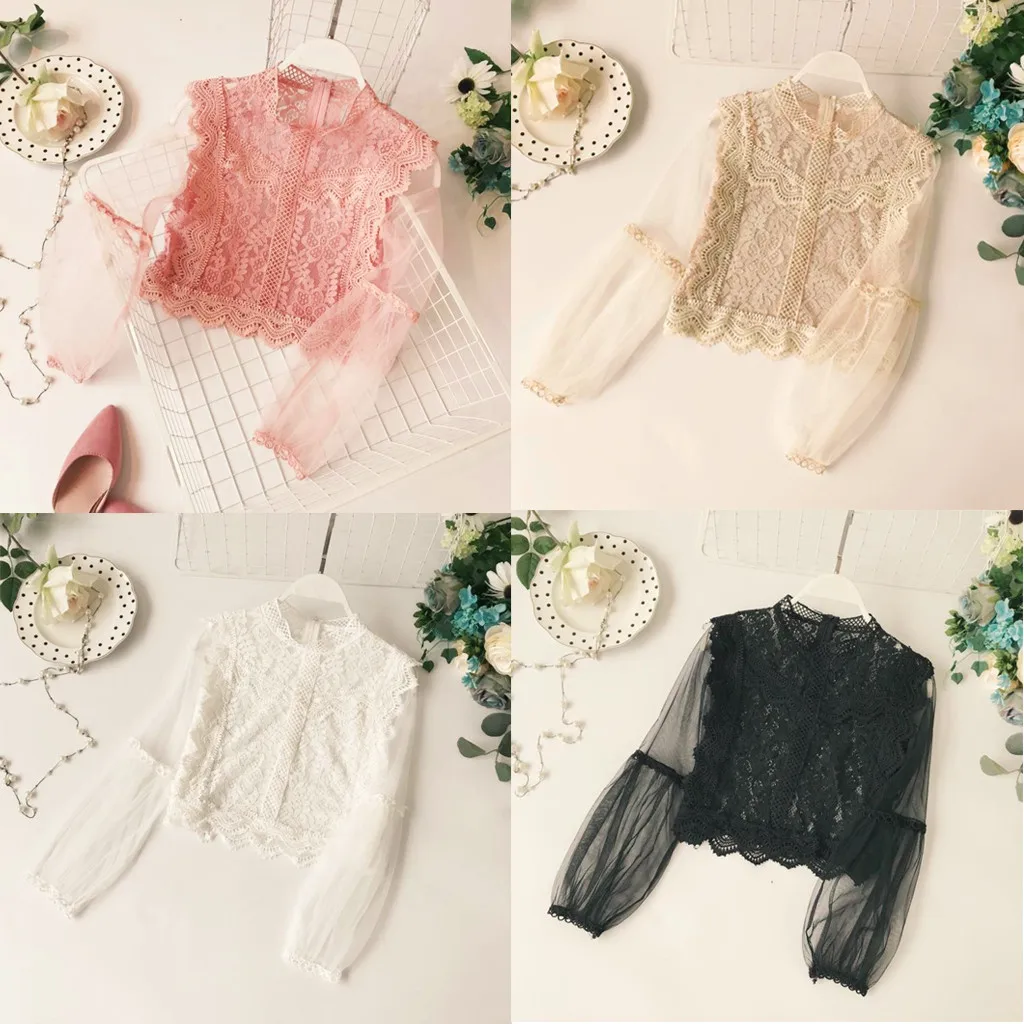 Lace Tops 2019 Women Summer Sexy Lace Floral Long Sleeve See Through Short Top Blouse