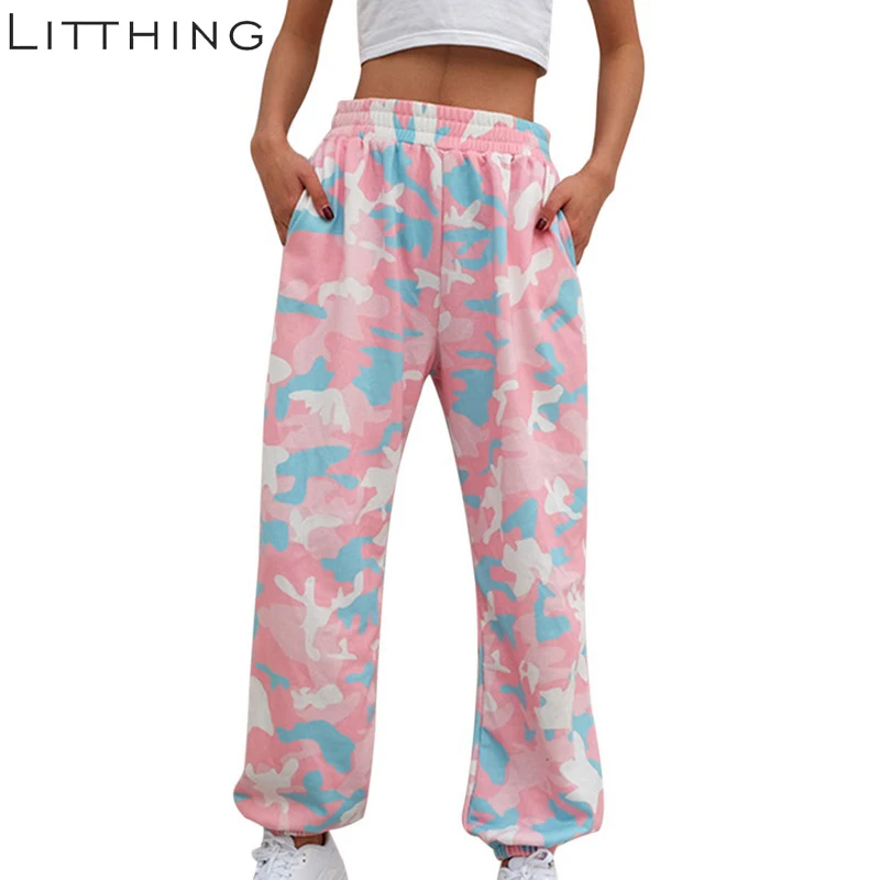 

LITTHING 2019 Pink Camouflage Pants Womens Camo Cargo Sweat Pants High Waist Elastic Trousers Casual Baggy Joggers Print Pockets