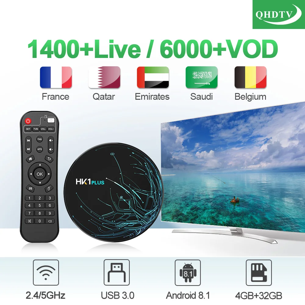 

Subscription IPTV France Arabic QHDTV HK1 PLUS Android 8.1 4G+32G BT Dual-Band WIFI IPTV France Arabic IPTV 1 Year Receiver