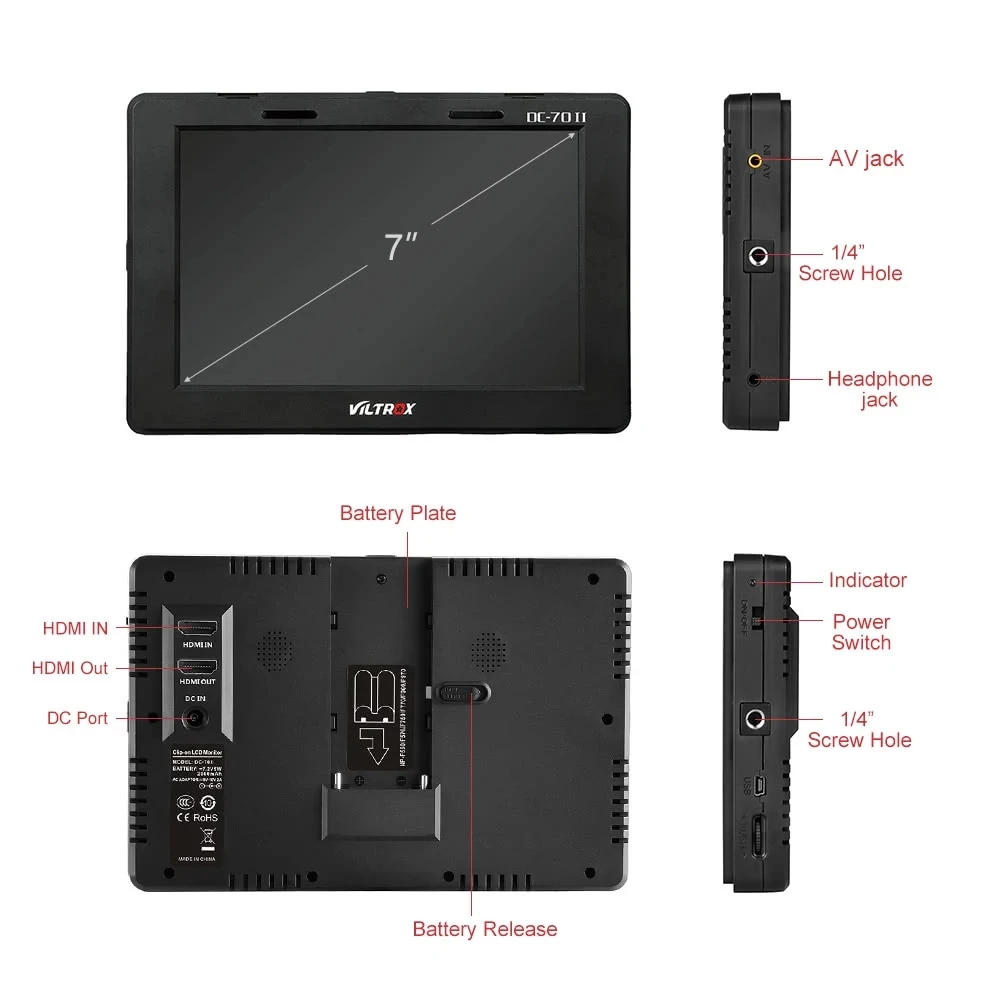 Viltrox 7 ''DC-70 II 1024*600 HD lcd HDMI AV вход камера видеомонитор дисплей поле монитор для Canon Nikon DSLR BMPCC