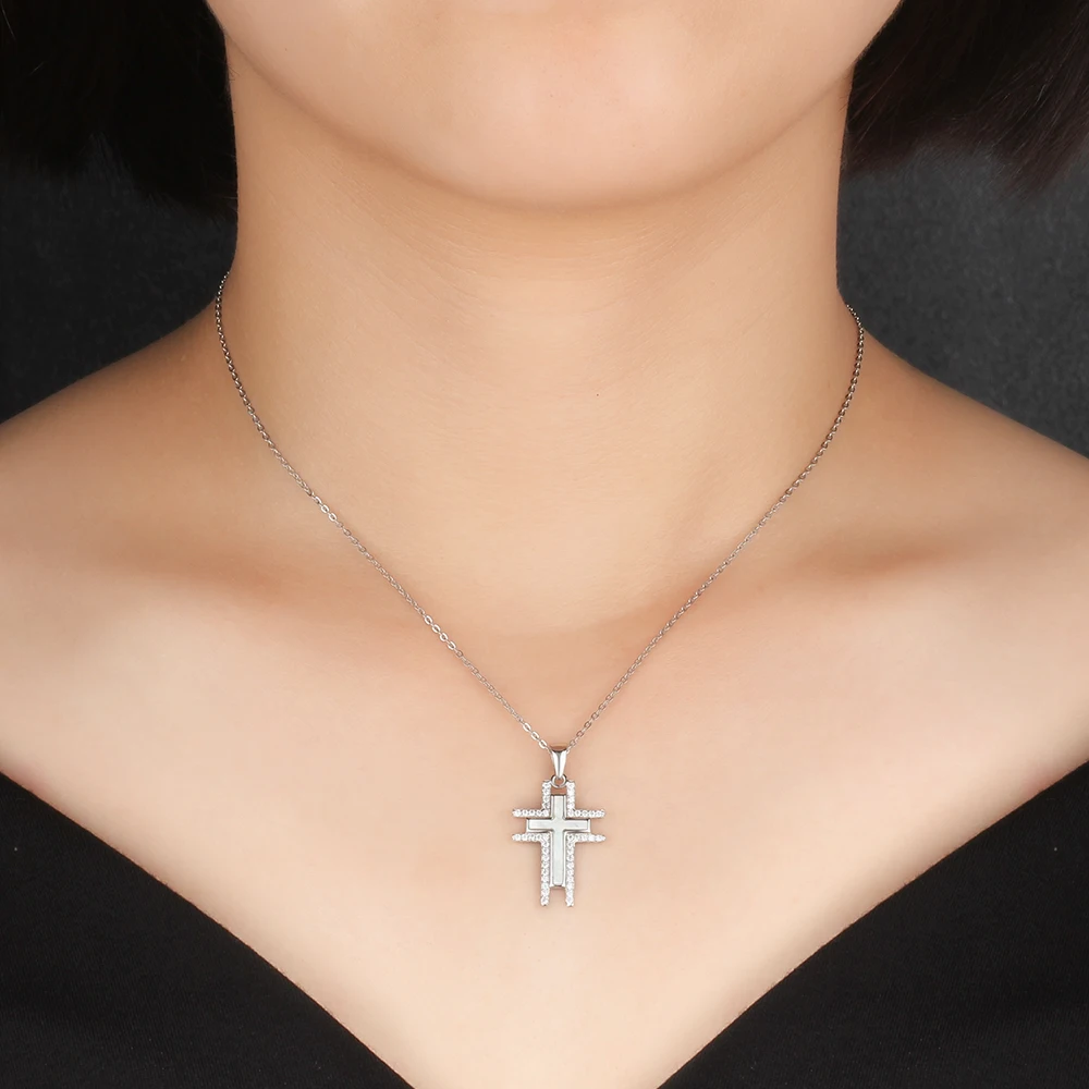 925 Silver Necklace For Women Cross Pearl Oysters Pendants Cubic Zirconia Religious Jewelry Hot Sale (Jewelora NE102574)